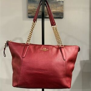 Coach Ava Chain Tote in Metallic Cherry with gold-tone chain-link accents F22208